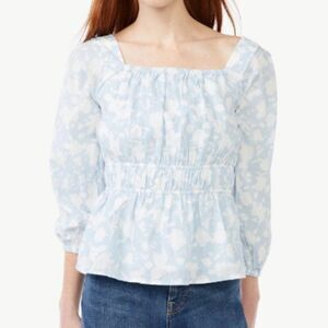 Free Assembly Square Neck Blue & White Pattern Peasant Top Shirt Top. Medium.